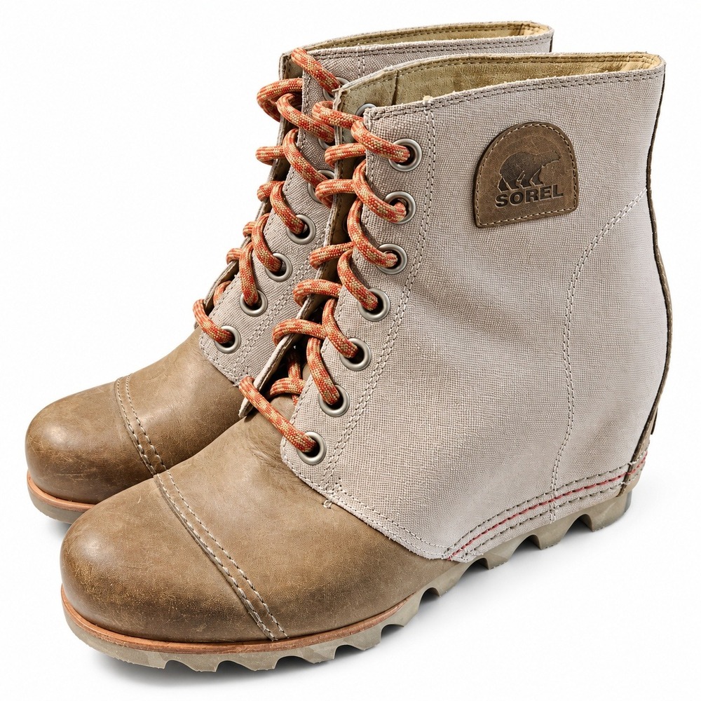 Sorel Joan of Arctic Wedge II Women's 11 Tan Brown Canvas Leather Lace Up Boots